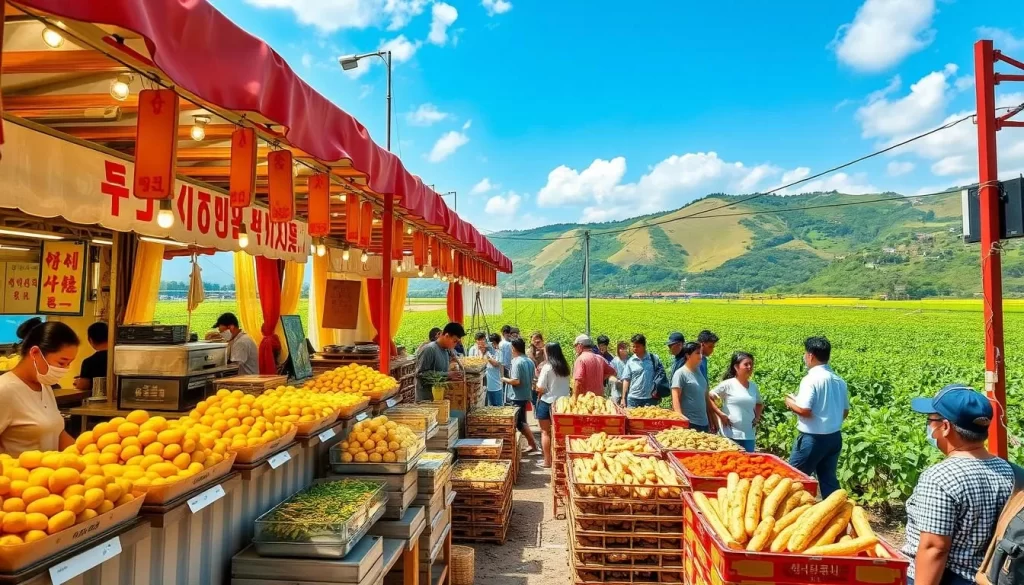 Generate an image of a festival scene with potato-themed stalls, people enjoying potato dishes, and a backdrop of Gangwon's potato fields.