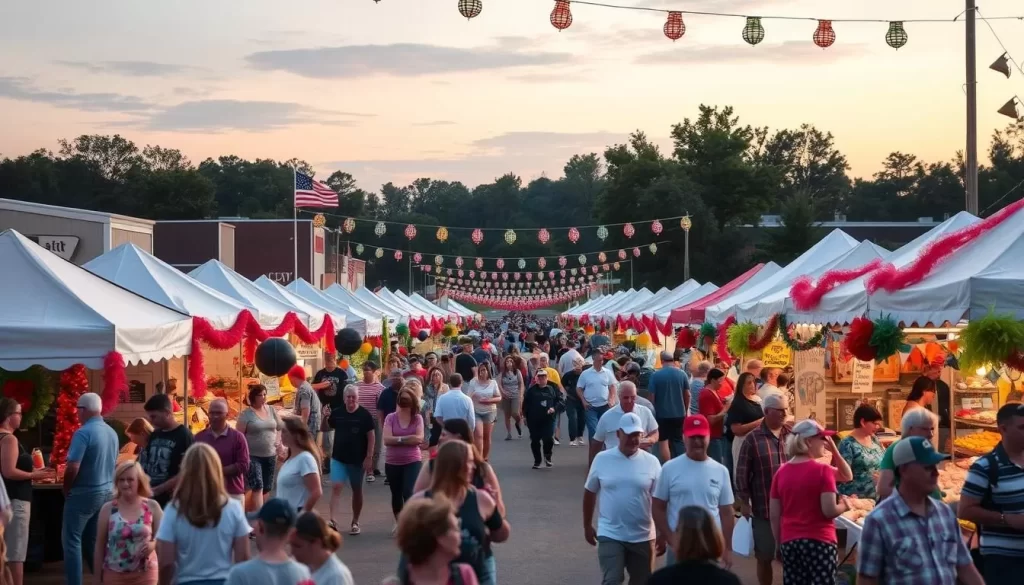 Generate an image of a festival scene with yam-themed activities, live entertainment, and craft vendors in Tabor City, North Carolina.