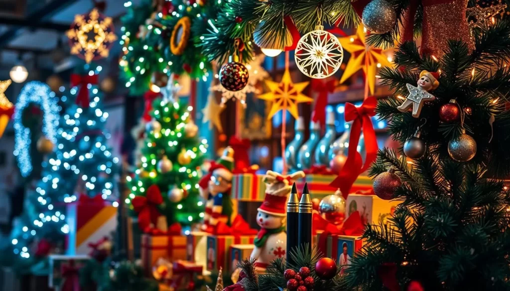 Generate an image of a festive holiday display with Christmas decorations, lights, and a warm atmosphere.