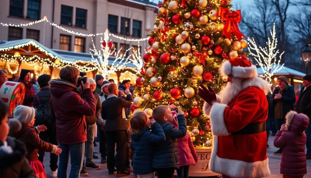 Generate an image of a festive holiday event with a tree-lighting ceremony, live music, and Santa Claus visiting.