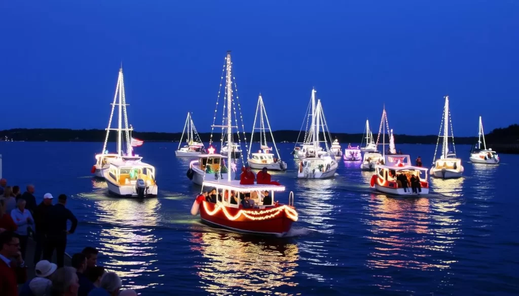 Generate an image of a festive holiday lighted boat parade in Mystic, Connecticut, with boats decorated with twinkling lights and festive decorations.