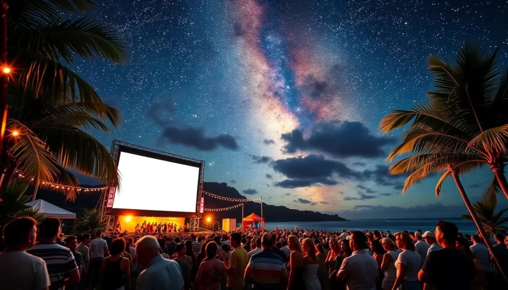 Generate an image of a film festival under the stars in Hawaii