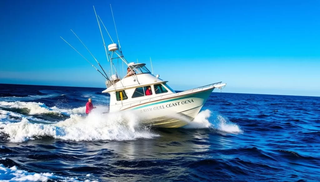 Generate an image of a fishing boat participating in the Mississippi Gulf Coast Billfish Classic.