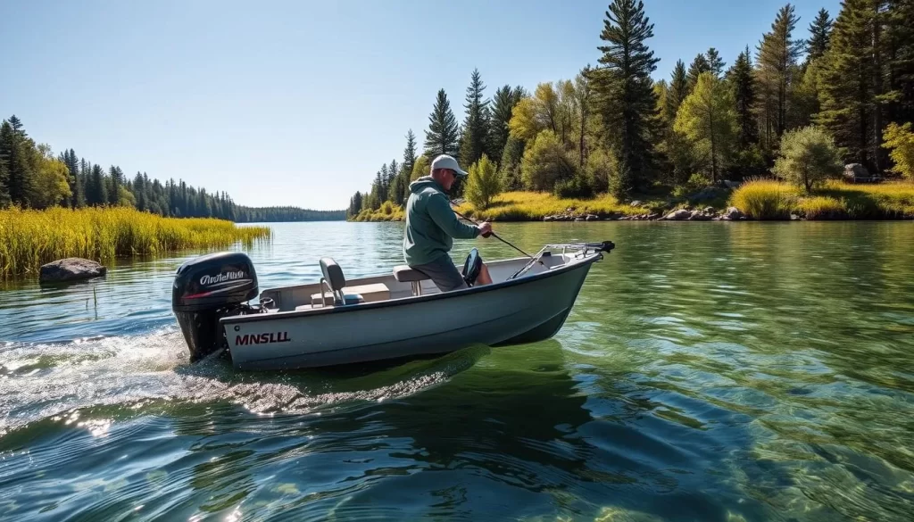 Generate an image of a fishing guide navigating a boat through the crystal-clear waters of Lake Hubert, Minnesota.