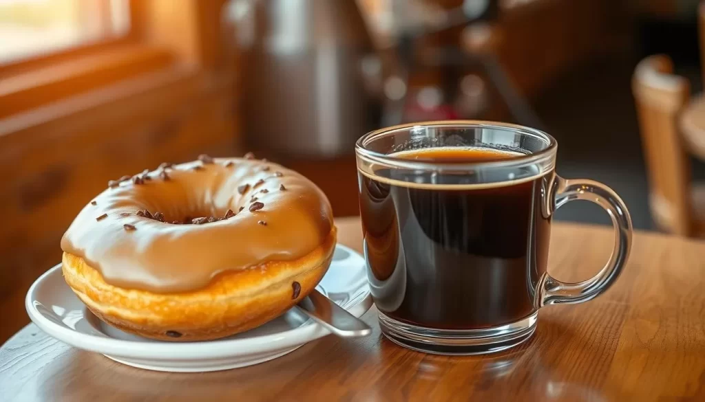 Generate an image of a freshly baked donut and coffee at Daylight Donuts & Bake Shoppe in Mitchell, SD.