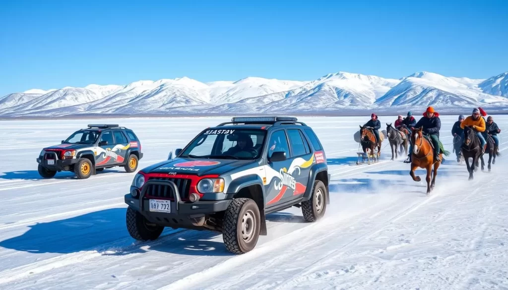 Generate an image of a frozen Lake Khovsgol with people participating in ice rally-driving and horse-sled races.