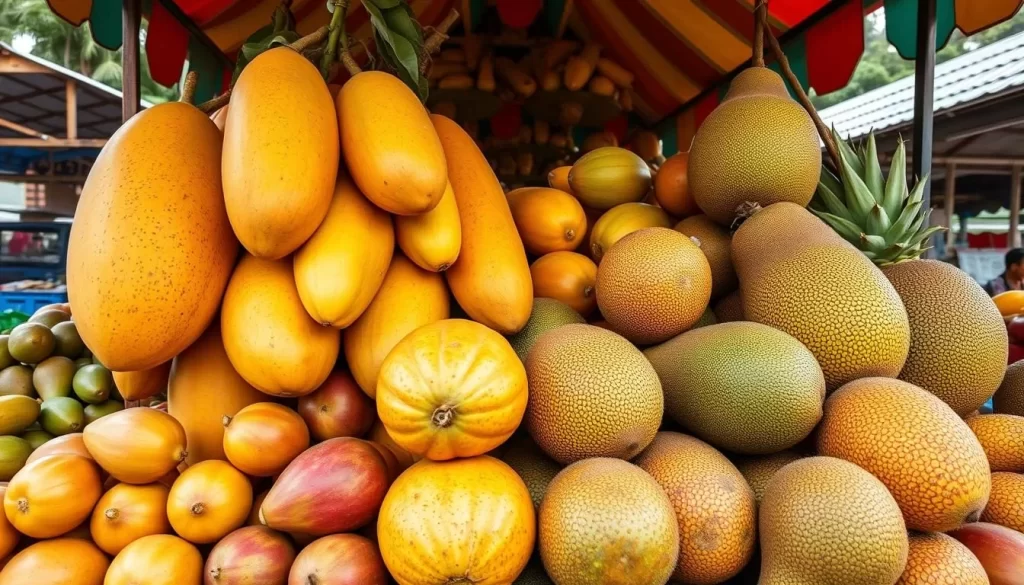 Generate an image of a fruit stand with exceptionally large mangoes and other tropical fruits like guavas and jackfruits.