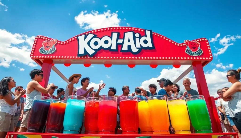 Generate an image of a giant Kool-Aid stand with people enjoying the drink.