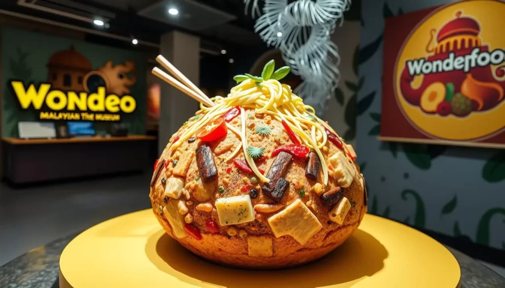 Generate an image of a giant replica of a Malaysian dish at the Wonderfood Museum.