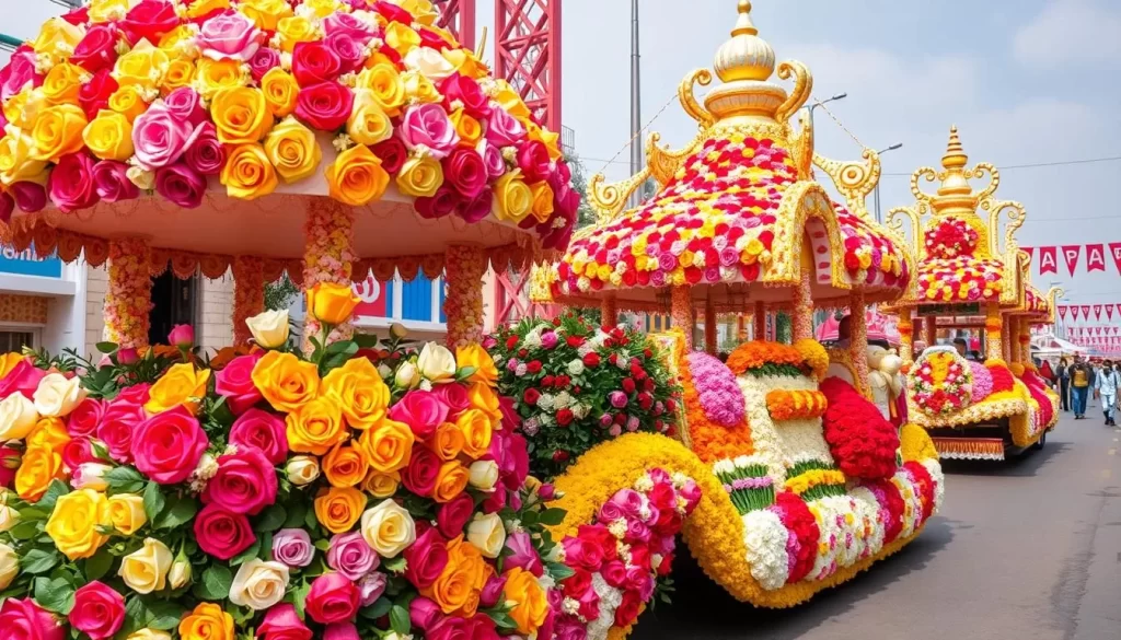 Generate an image of a grand floral parade with elaborate rose-themed floats.
