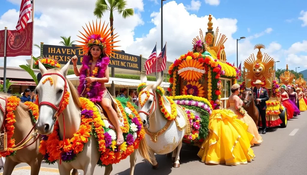 Generate an image of a grand floral parade with pa'u riders, elaborate floats, and a royal court.
