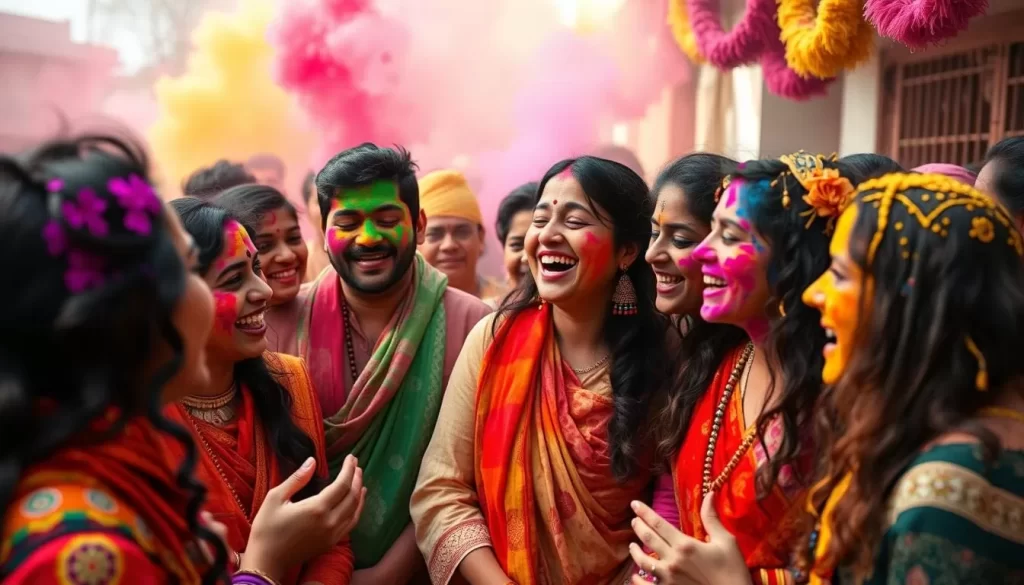Generate an image of a group of people singing traditional Kumaoni Holi songs together.