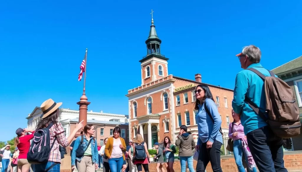 Generate an image of a guided historical walking tour in downtown Vicksburg