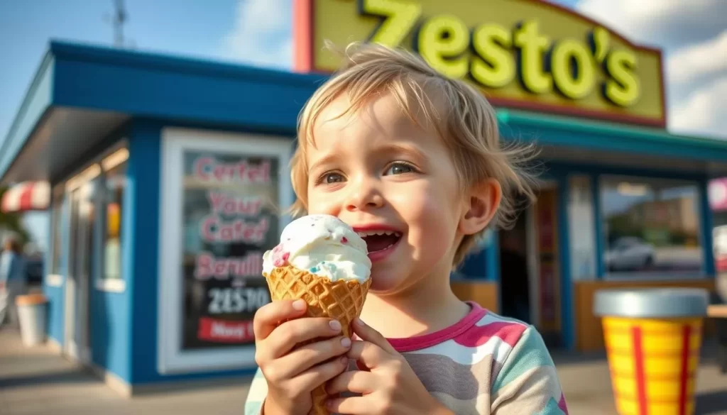 Generate an image of a happy child enjoying a Zesto's ice cream cone in Mitchell, SD.