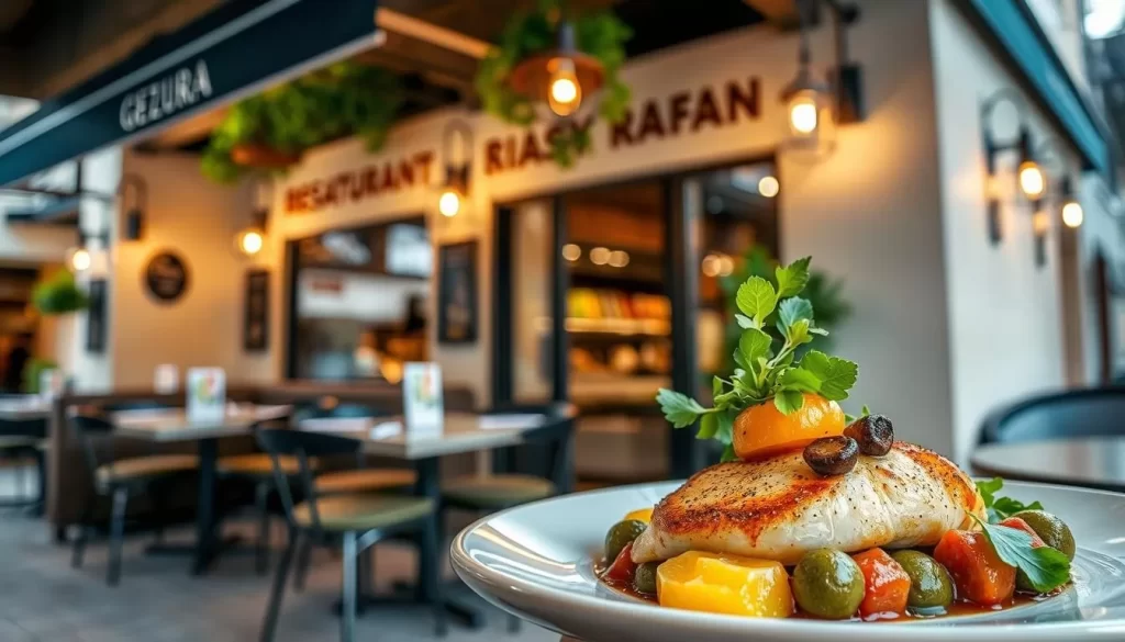 Generate an image of a highly-rated restaurant in Grevenmacher, showcasing its exterior or interior and a signature dish.