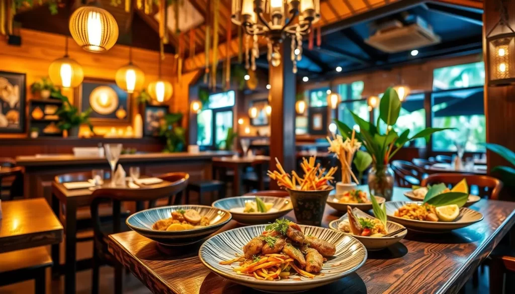 Generate an image of a highly-rated restaurant in Krabi, such as Jungle Kitchen, serving authentic Thai cuisine.