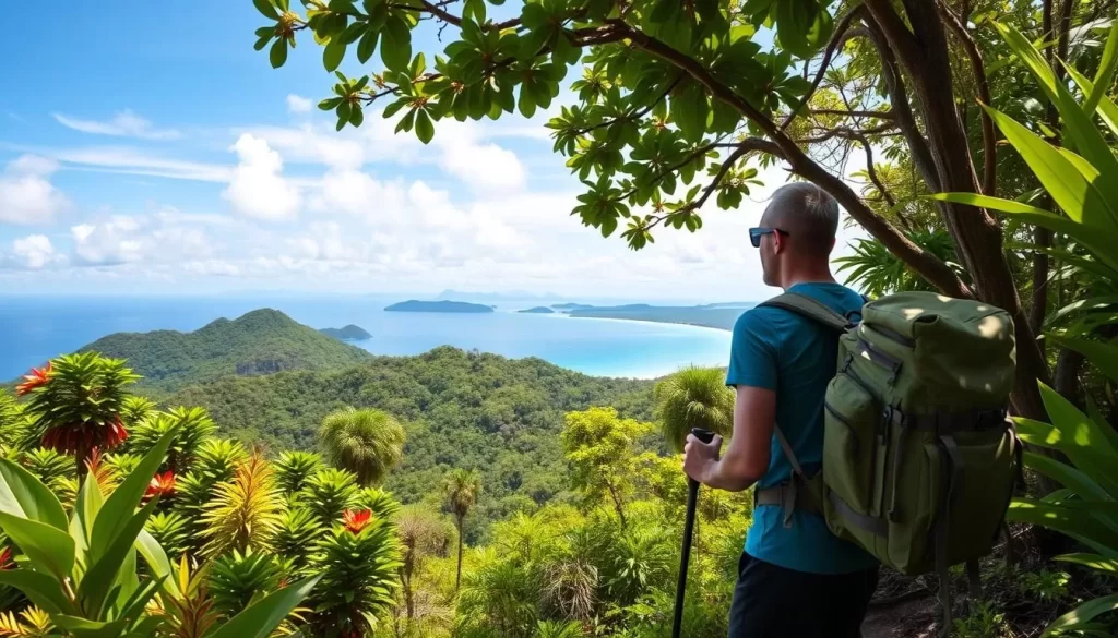 Generate an image of a hiker on Bohey Dulang Island