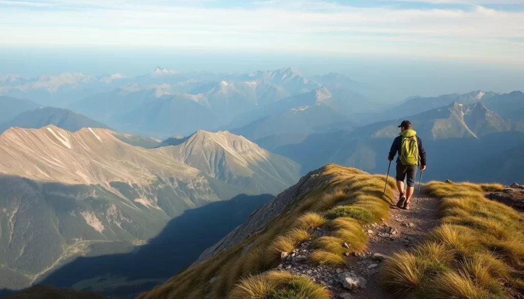Generate an image of a hiker on a mountain trail in Steg, Liechtenstein, with breathtaking views of the surrounding mountains.