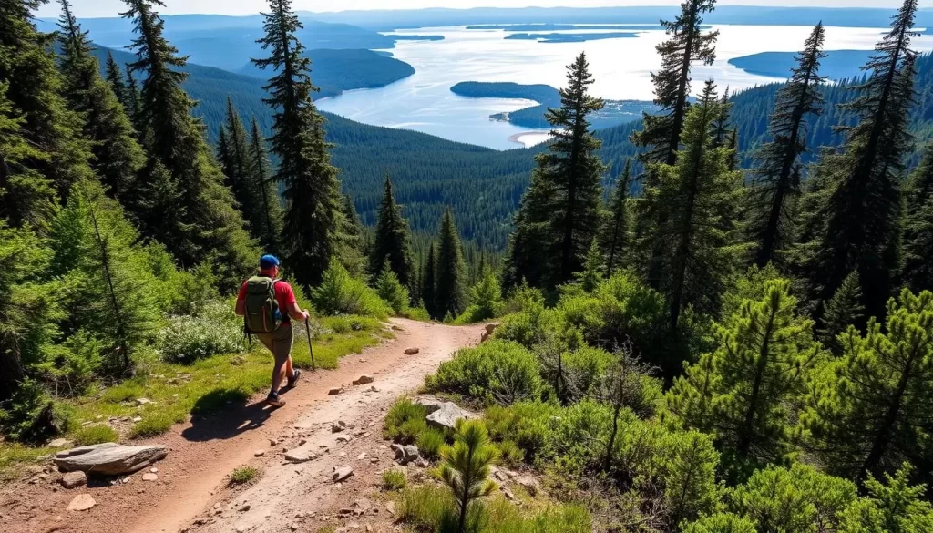 Generate an image of a hiker on a scenic trail around Lake Hubert, with dense forests and a glimpse of the lake in the background.