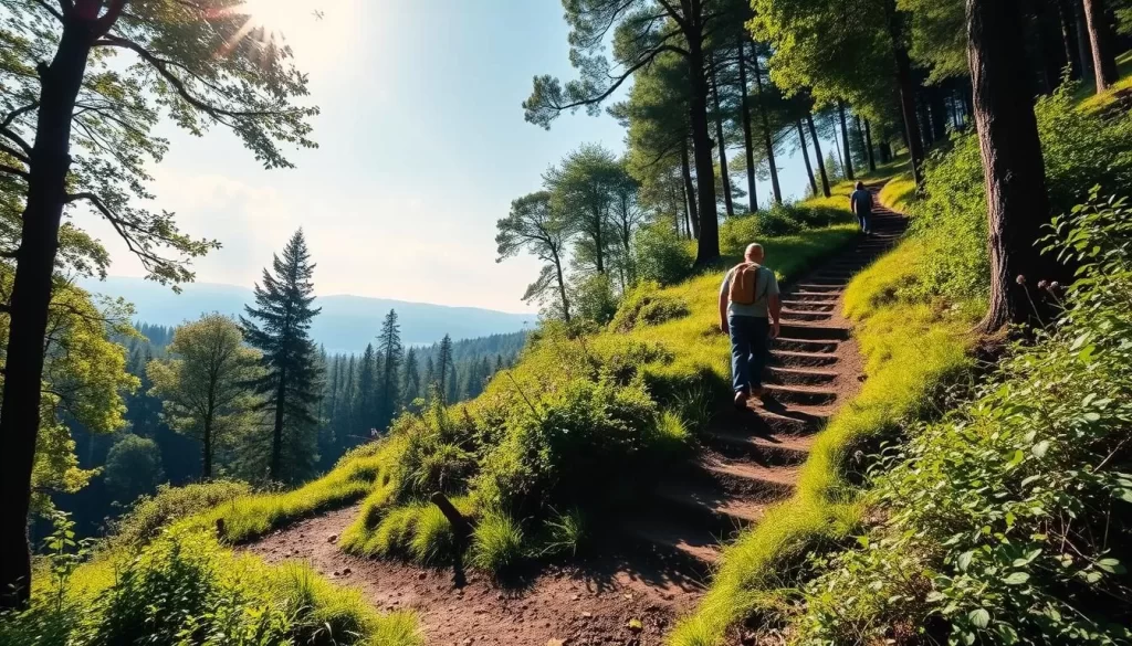 Generate an image of a hiker on a trail in Hoge Kempen National Park