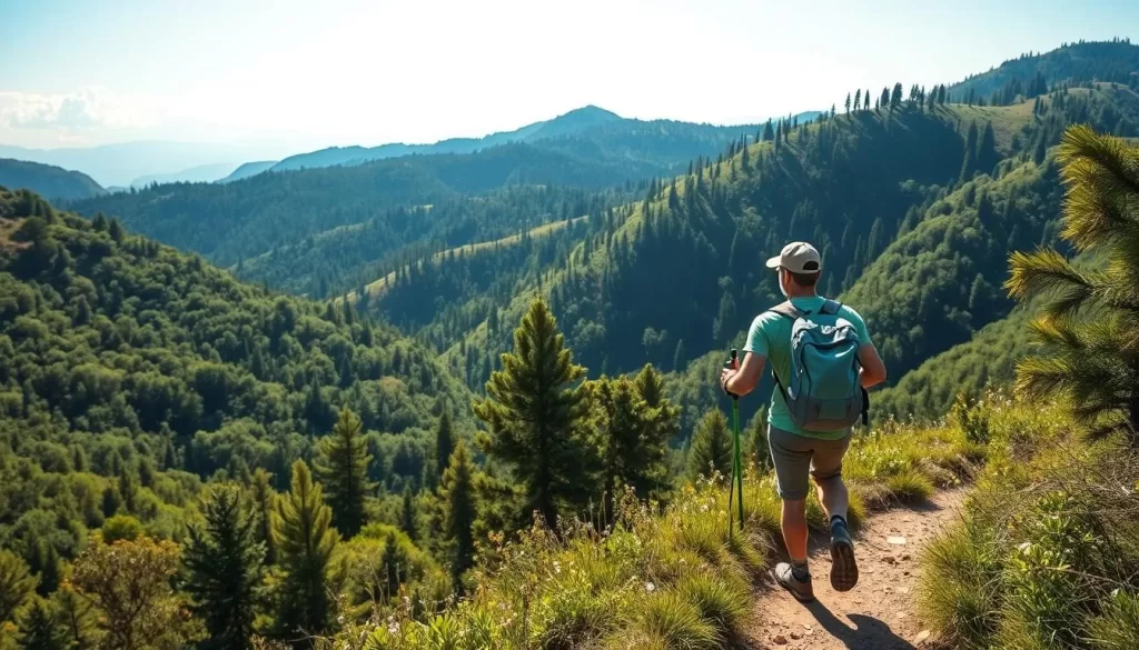 Generate an image of a hiker on a trail in Uludağ National Park during summer.