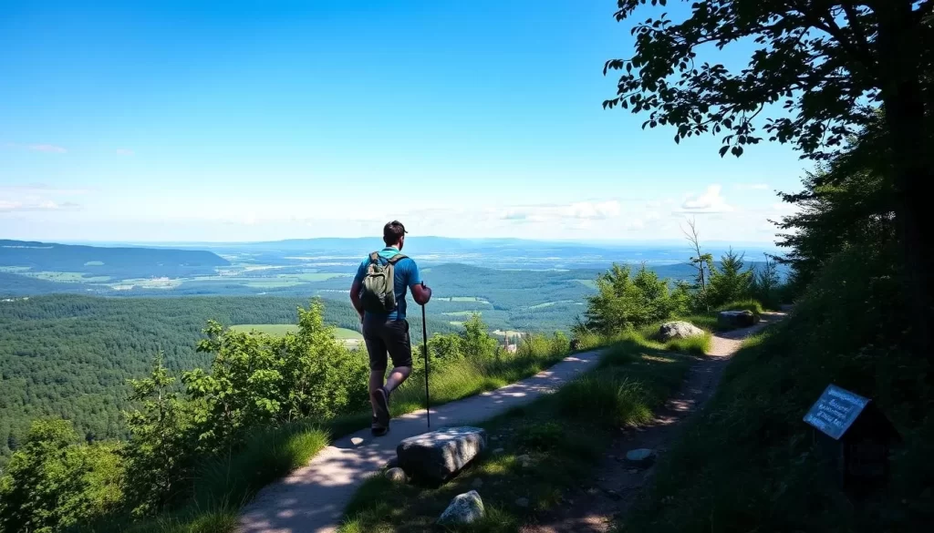 Generate an image of a hiker on a trail with a scenic view of the Luxembourg countryside.
