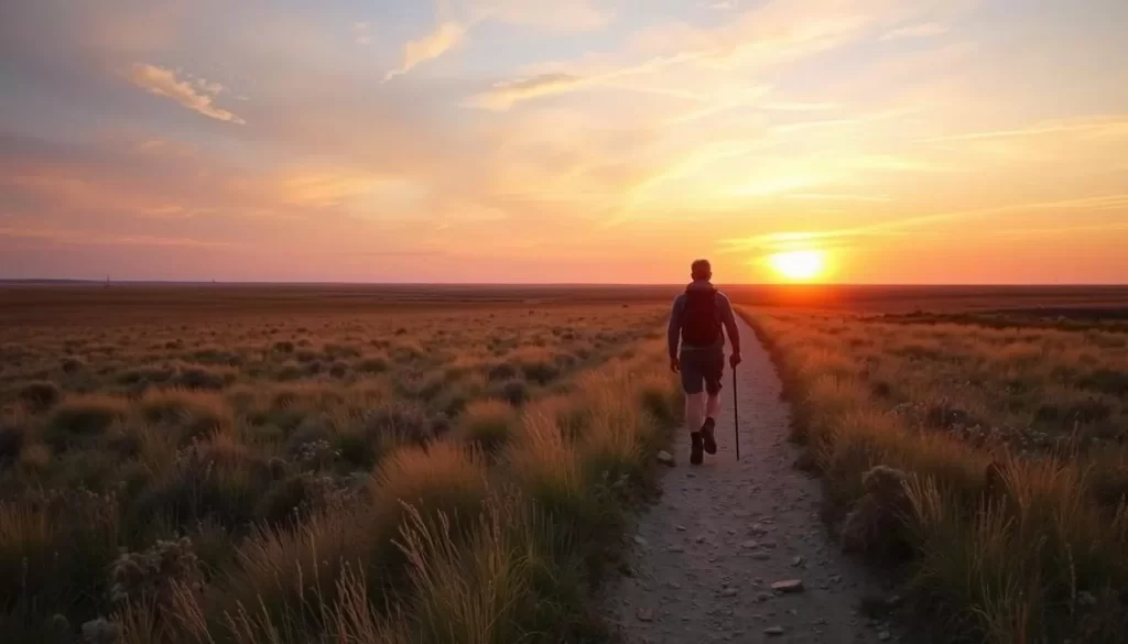Generate an image of a hiker on the Konza Prairie trails during sunrise