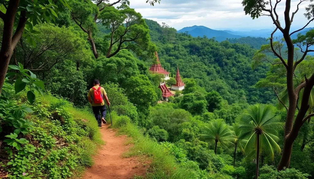 Generate an image of a hiker on the Monk's Trail, surrounded by lush forest, with a glimpse of Wat Pha Lat temple in the background.