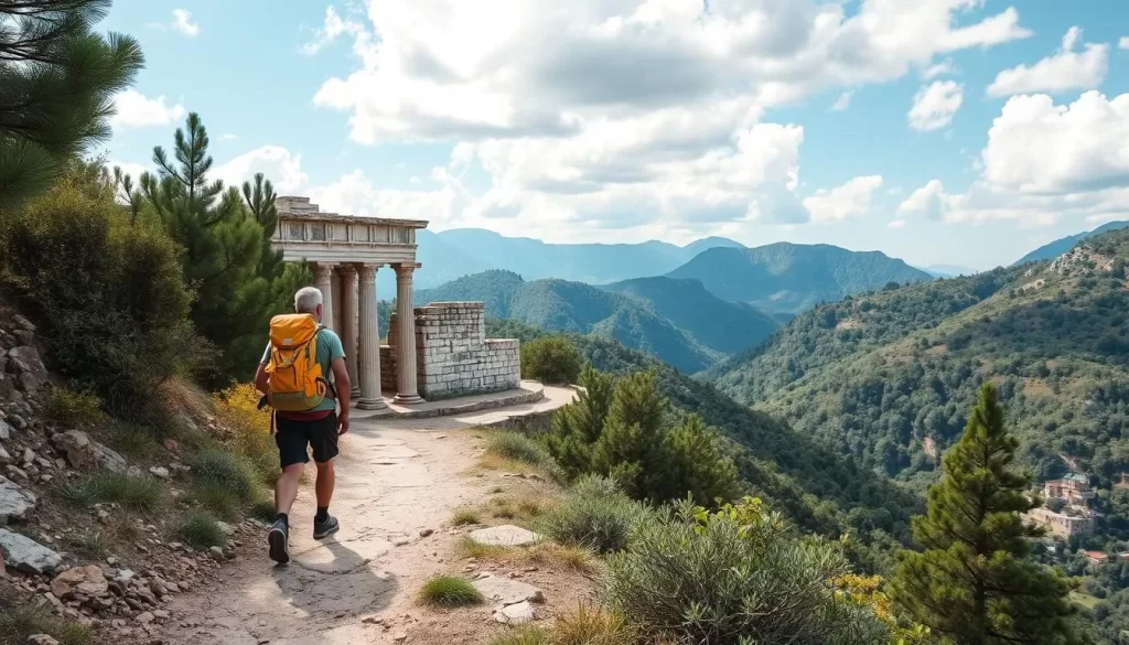 Generate an image of a hiker walking along the Lycian Way trail near Fethiye, with ancient ruins and pine forests in the background.