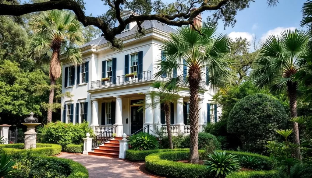 Generate an image of a historic home in Charleston with beautiful gardens.