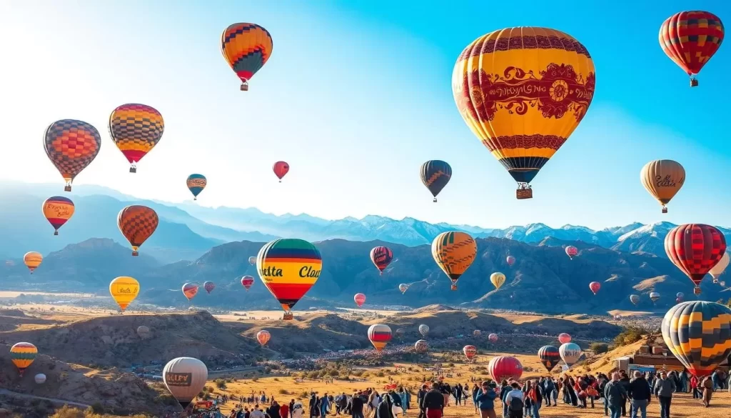 Generate an image of a hot air balloon festival in a scenic Utah landscape