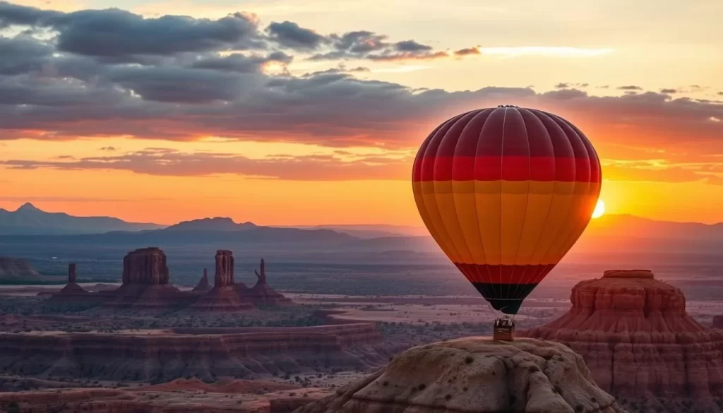 Generate an image of a hot air balloon flying over the Arizona desert at sunrise.