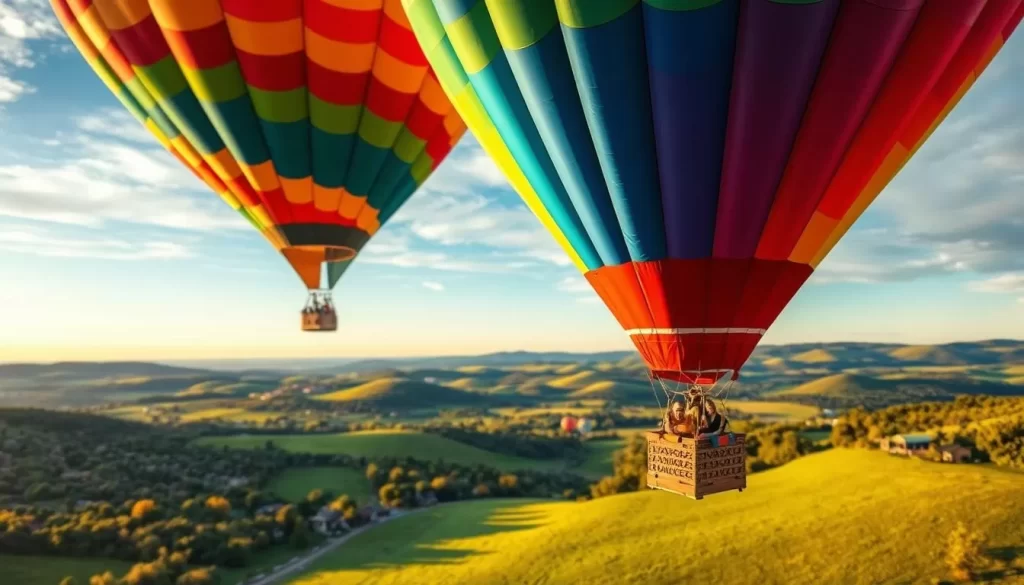 Generate an image of a hot air balloon flying over the beautiful landscapes of Mid-Michigan, with a caption highlighting the serene views.
