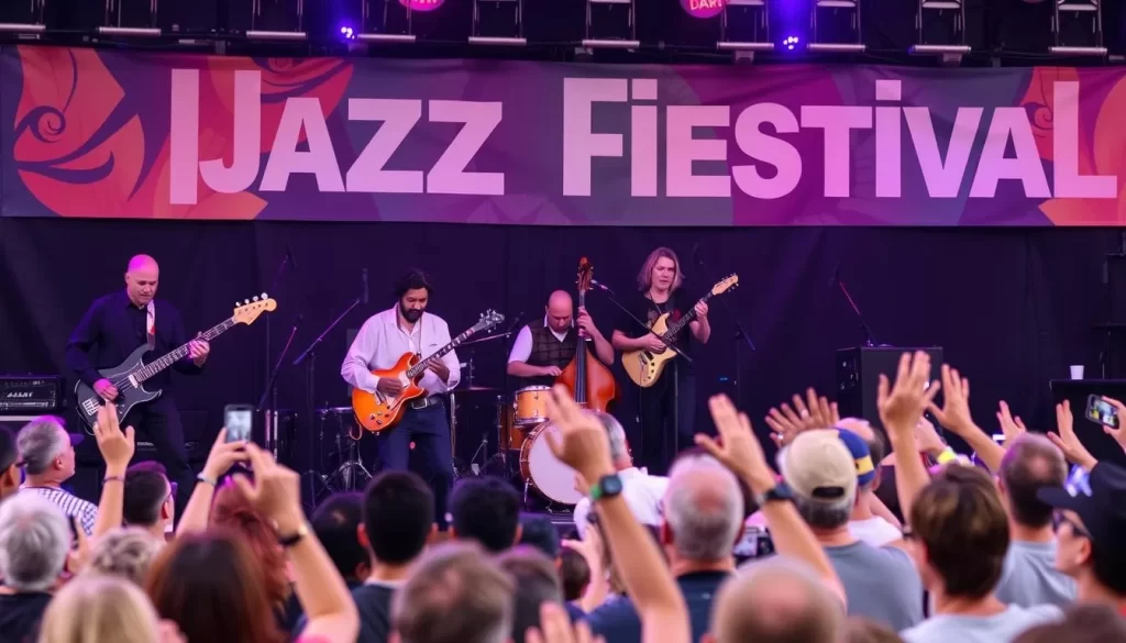 Generate an image of a jazz band performing on stage at the Jacksonville Jazz Festival.