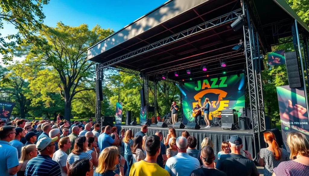 Generate an image of a jazz festival at Riverbank Park with live performances on a stage surrounded by a beautiful park setting.