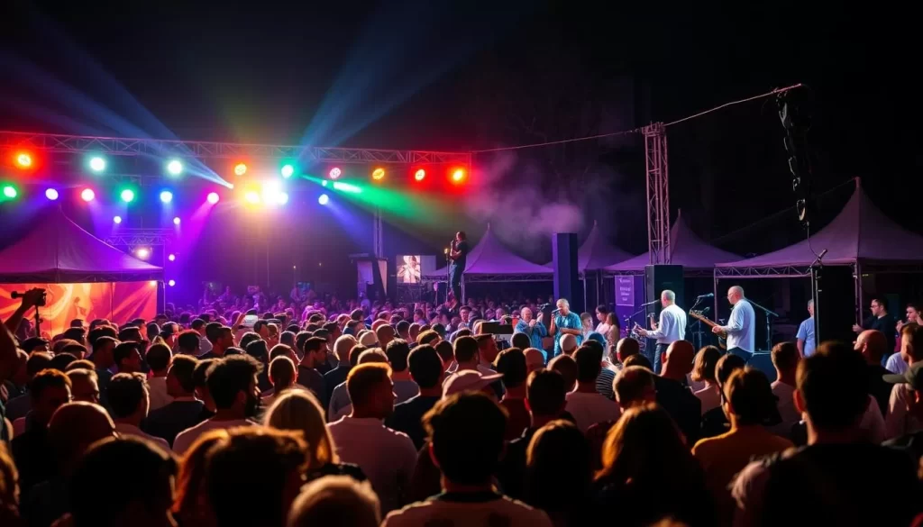 Generate an image of a jazz festival at night with a crowd listening to music.