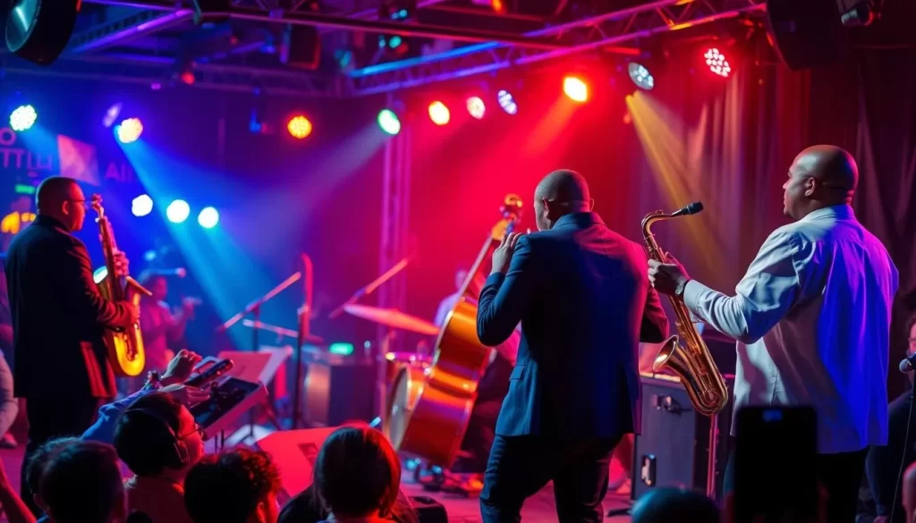 Generate an image of a jazz festival with musicians performing on stage