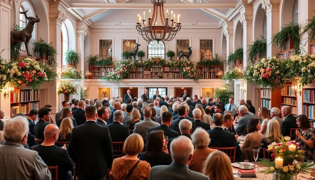 Generate an image of a literary festival with world-renowned authors and thinkers gathered at a historic venue in Charleston.