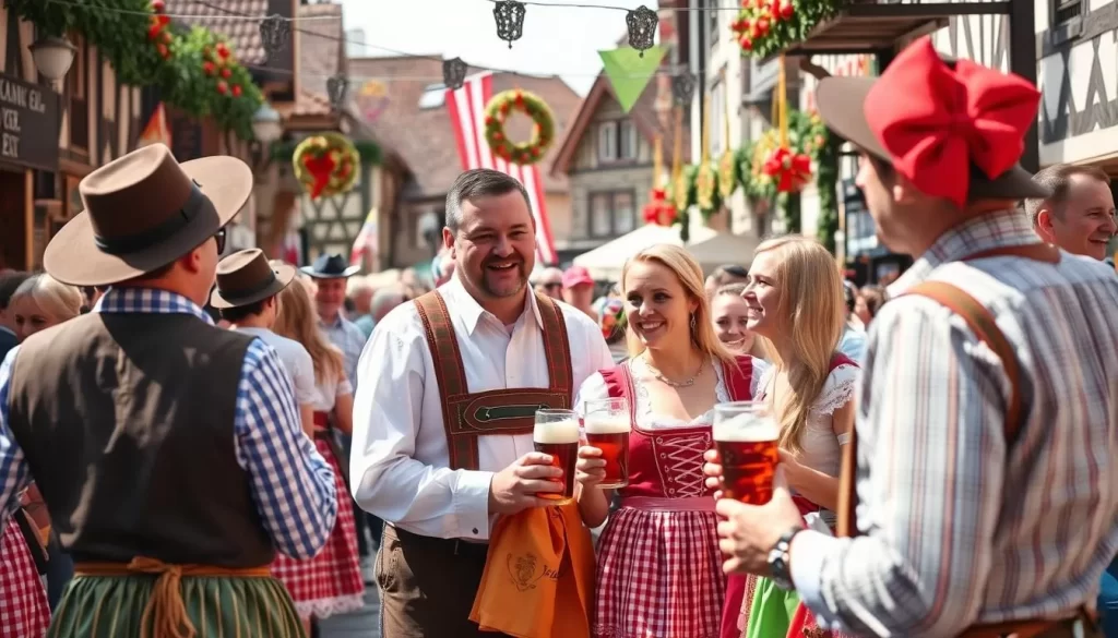Generate an image of a lively German festival with traditional attire and decorations.