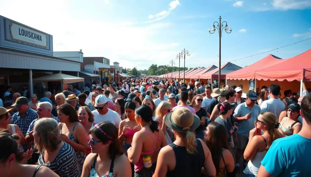 Generate an image of a lively Louisiana festival scene with diverse crowds enjoying music, food, and cultural activities.
