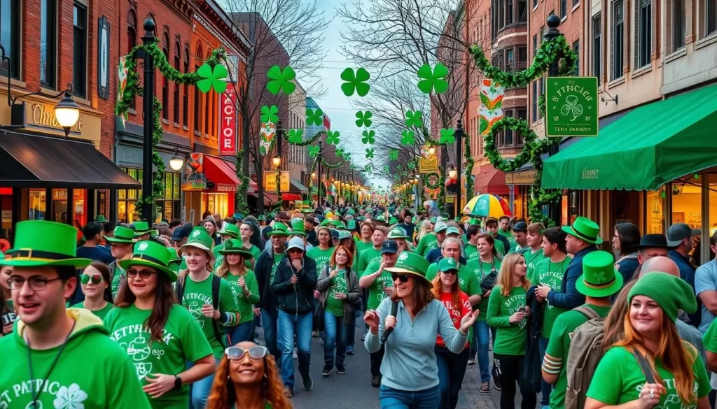 Generate an image of a lively St. Patrick's Day street festival in Tulsa, Oklahoma, with people dressed in green and enjoying Irish music.