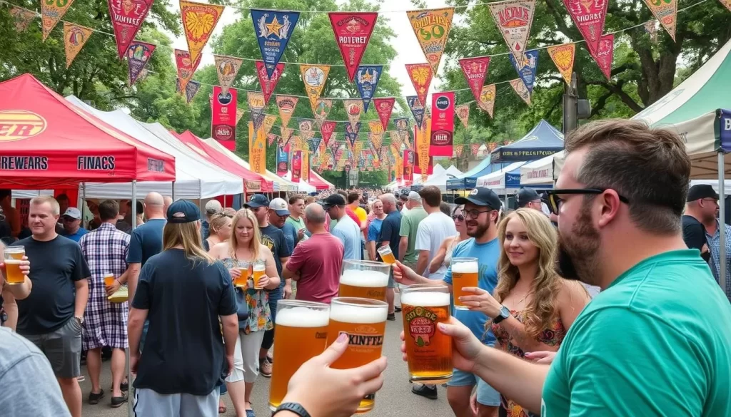 Generate an image of a lively beer festival with numerous Iowa breweries and attendees enjoying craft beers at Water Works Park in Des Moines.