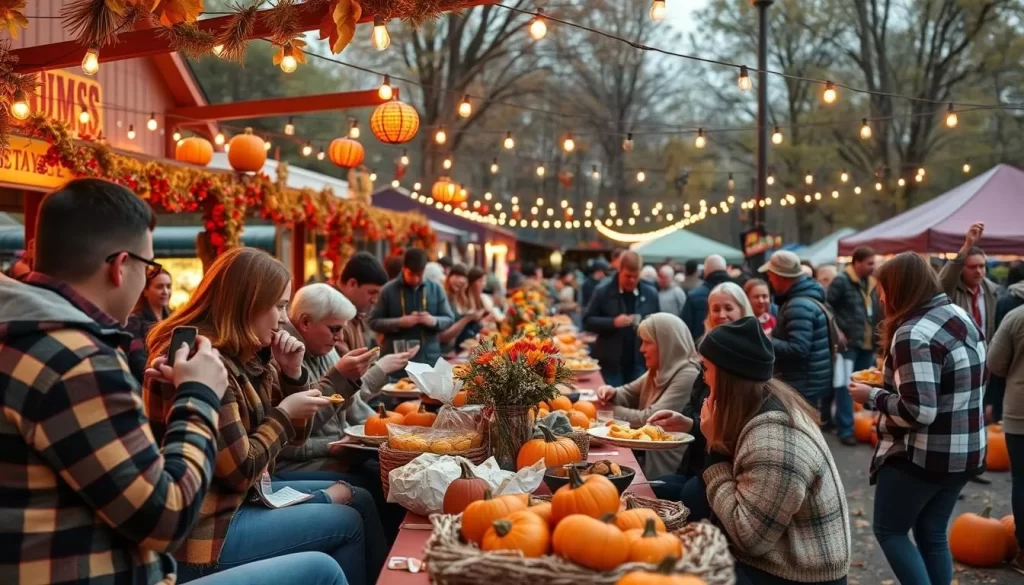 Generate an image of a lively fall festival scene in Ohio, with people enjoying seasonal food, decorations, and activities.