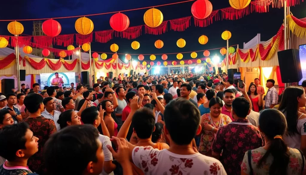Generate an image of a lively music festival in Guam with diverse crowds enjoying performances.