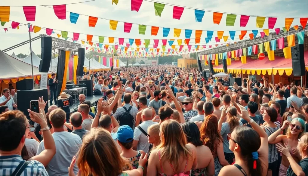 Generate an image of a lively music festival with a diverse crowd enjoying various performances.