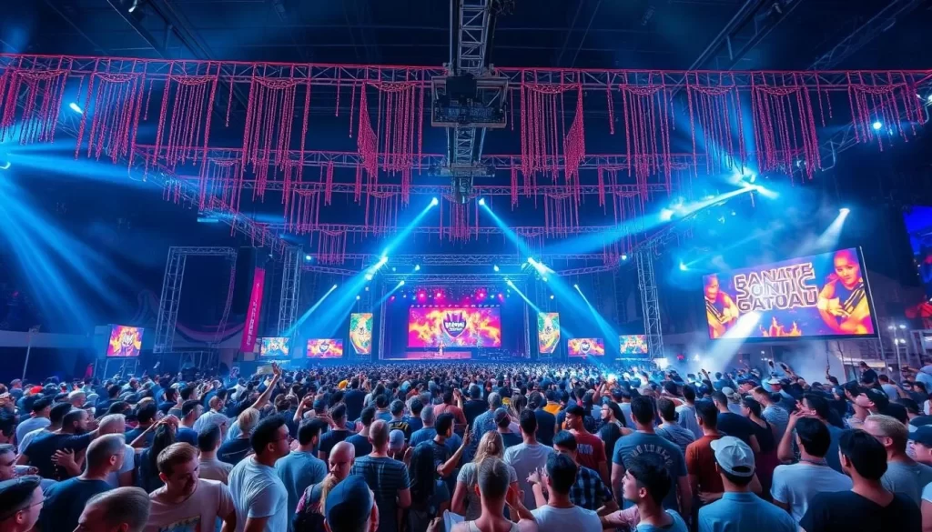 Generate an image of a lively music festival with a large crowd, stages with various performances, and a vibrant atmosphere.