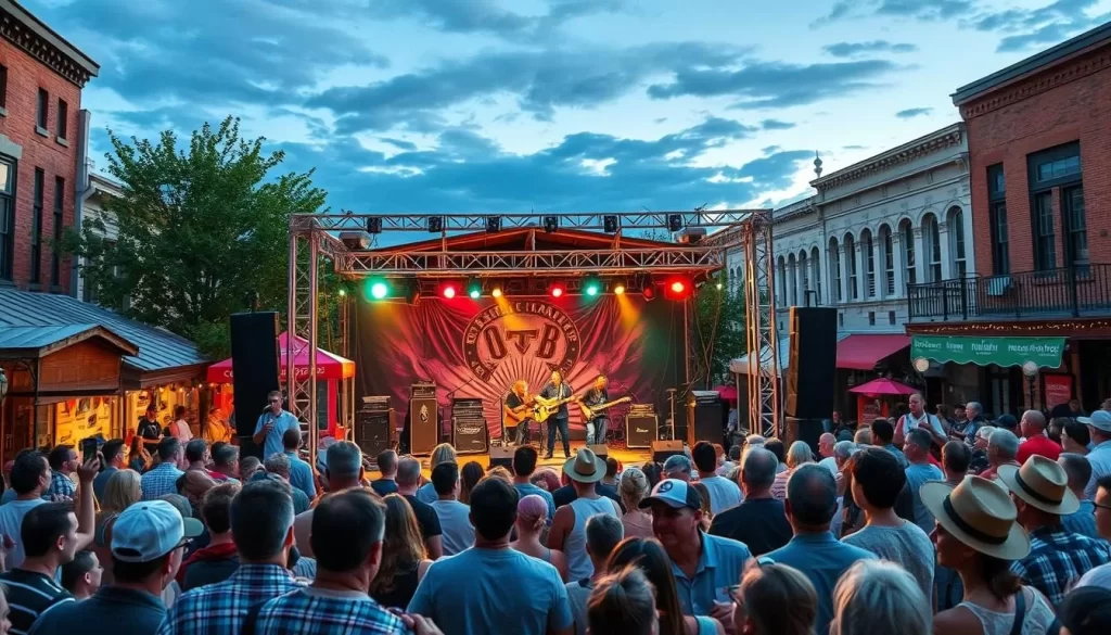 Generate an image of a lively music festival with a stage featuring a country band, surrounded by enthusiastic attendees in a historic downtown area.