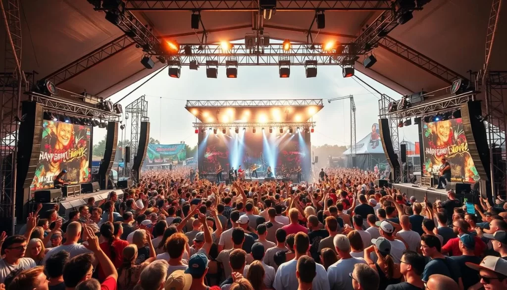 Generate an image of a lively music festival with multiple bands performing on stage