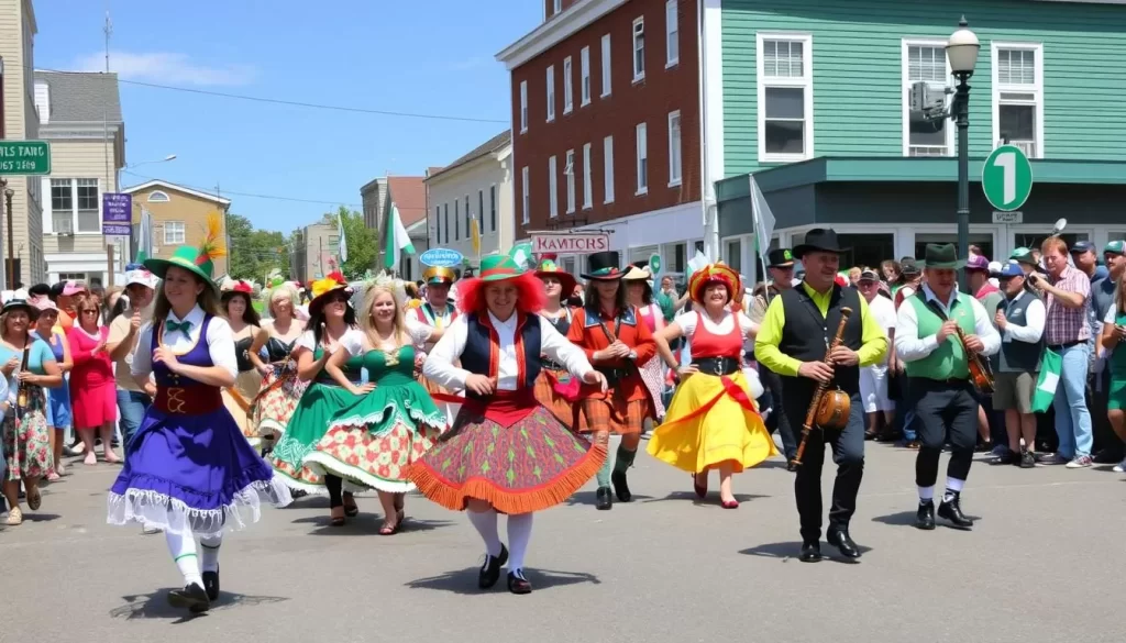 Generate an image of a lively parade with Irish dancers and marching bands in Mystic, Connecticut.