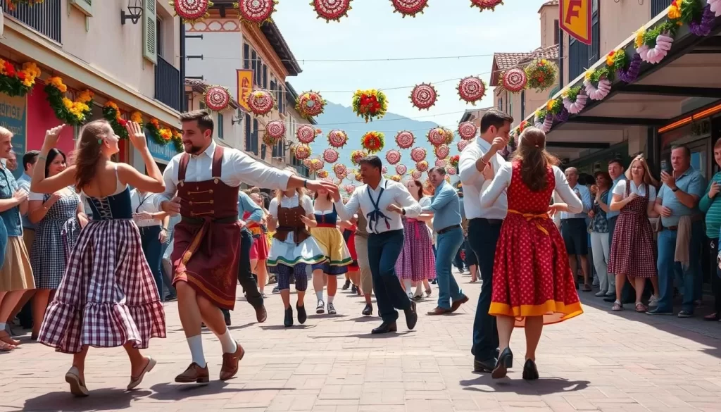 Generate an image of a lively street dancing scene at Mt. Angel Oktoberfest